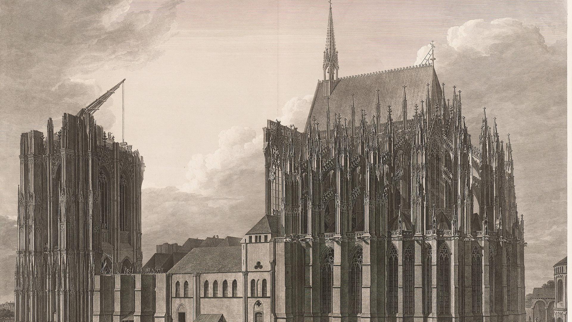 Südansicht des Kölner Doms 1842. Zeitgenössischer Holzstich aus der Sammlung von Sulpiz Boisseree  