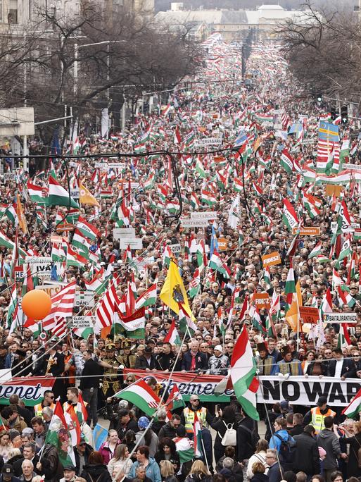 Anhänger des ungarischen Ministerpräsident Viktor Orban bei einer Kundgebung in Budapest