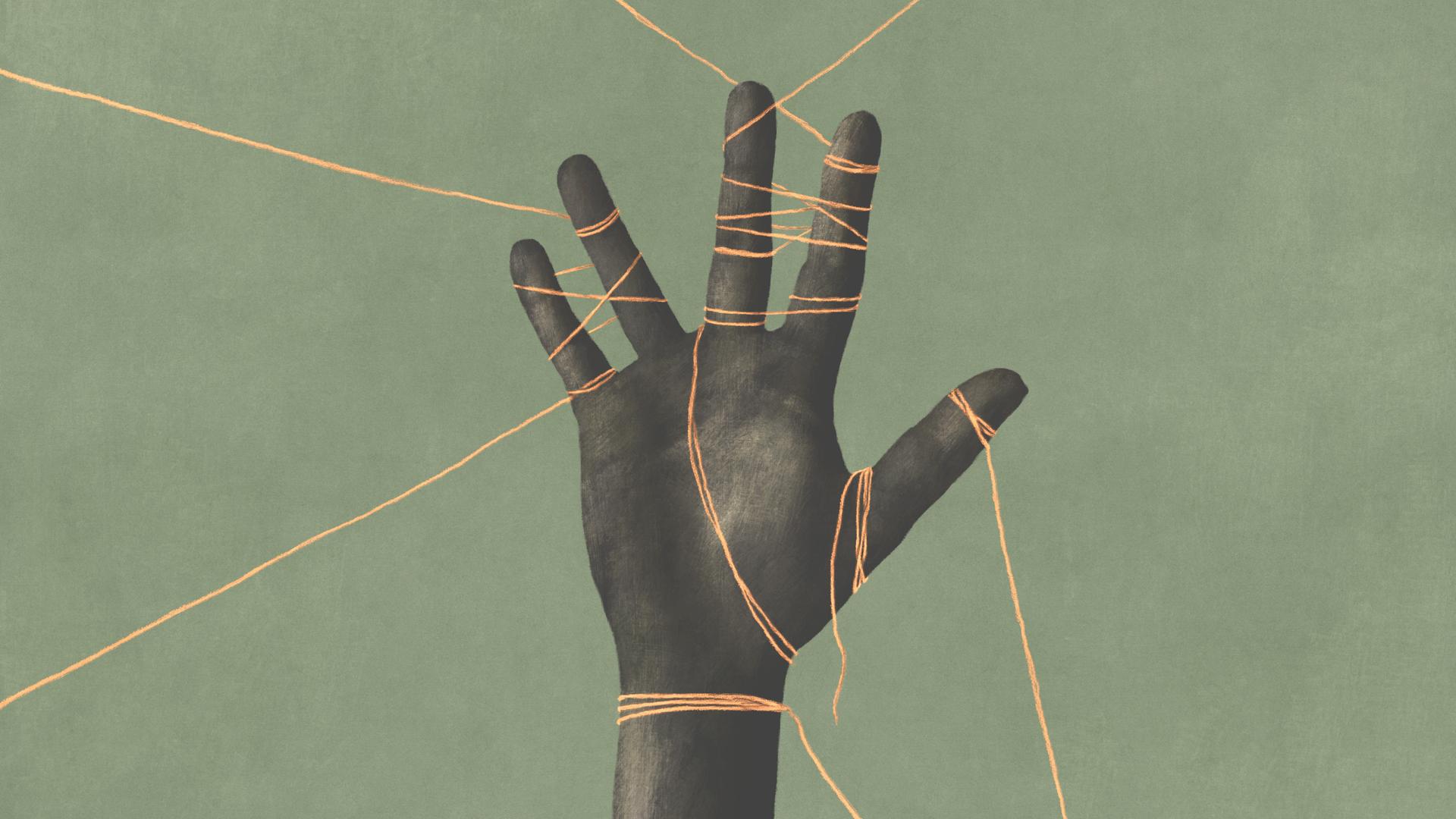 Illustration einer Hand mit dunkler Hautfarbe, an der mehrere um die Finger gebundene Strippen in verschiedene Richtungen ziehen. Illustration einer Hand mit dunkler Hautfarbe, an der mehrere um die Finger gebundene Strippen in verschiedene Richtungen ziehen.