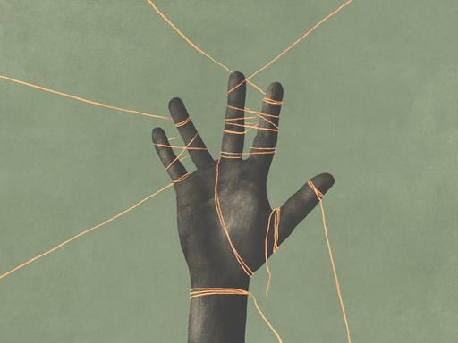 Illustration einer Hand mit dunkler Hautfarbe, an der mehrere um die Finger gebundene Strippen in verschiedene Richtungen ziehen.