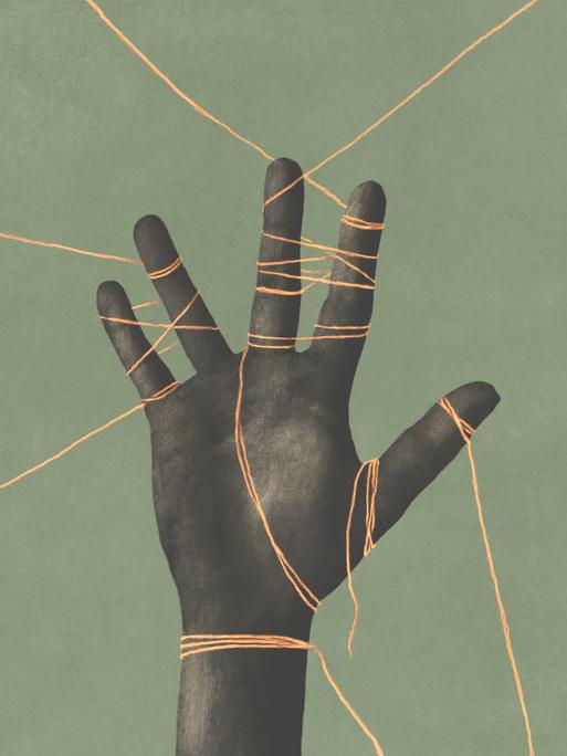 Illustration einer Hand mit dunkler Hautfarbe, an der mehrere um die Finger gebundene Strippen in verschiedene Richtungen ziehen.