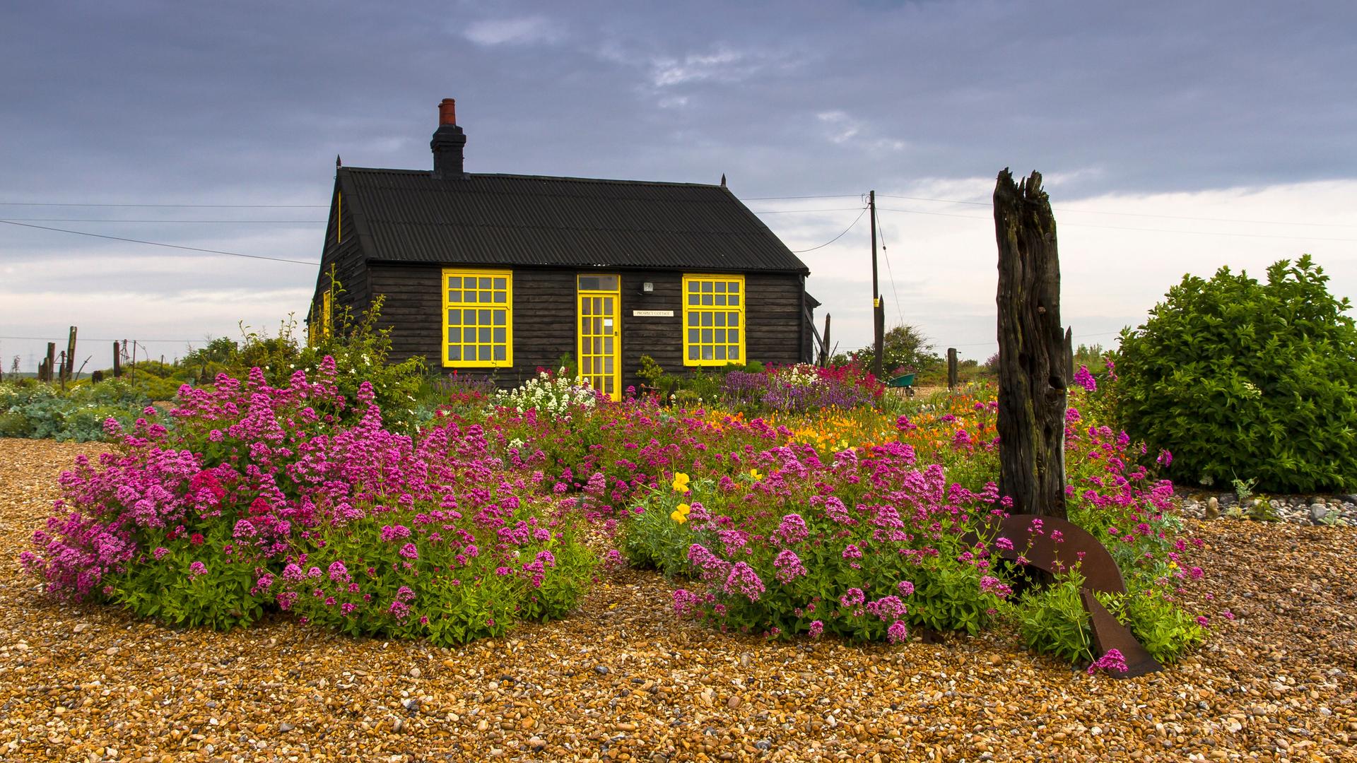 Das "Prospect Cottage" des britischen Malers und Filmemachers Derek Jarman in Dungeness. Ein Haus mit gelben Fensterrahmen inmitten eines blühenden Steingartens. 