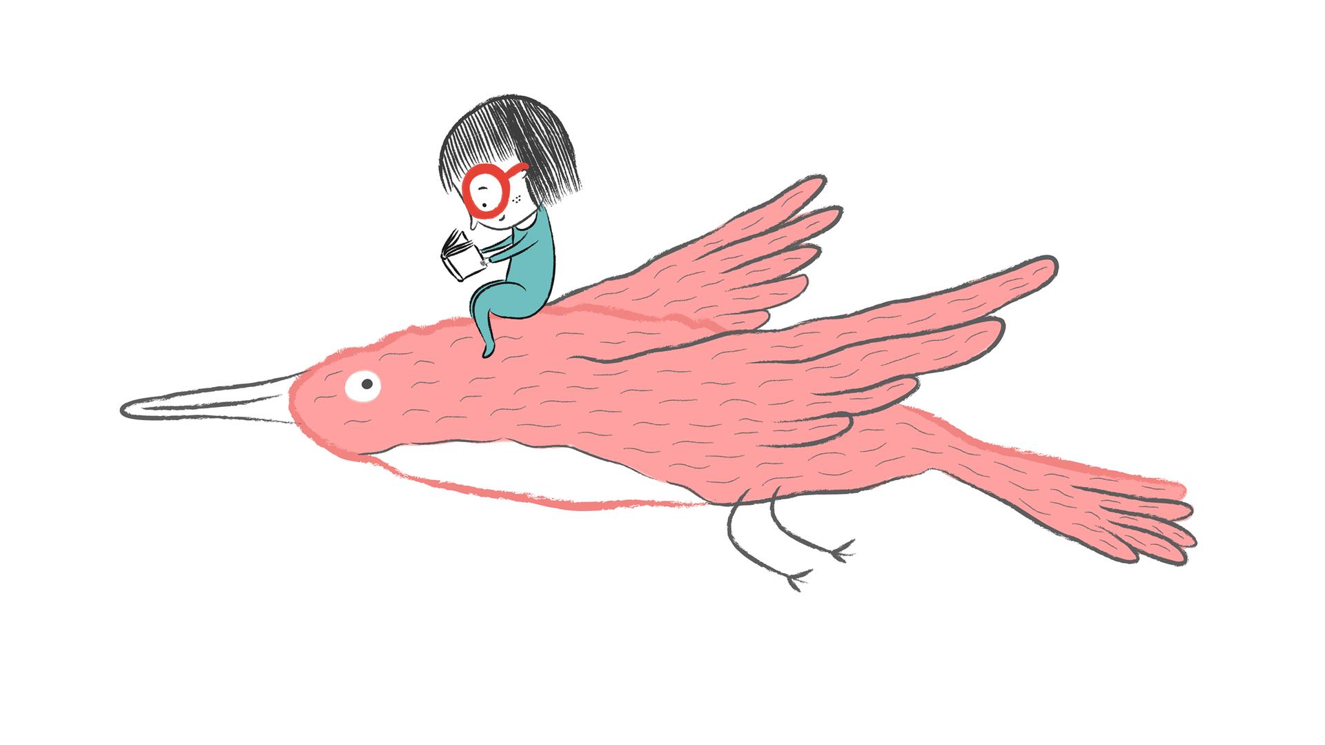 Illustration: Ein Kind sitzt auf einem fliegenden Vogel und liest ein Buch.