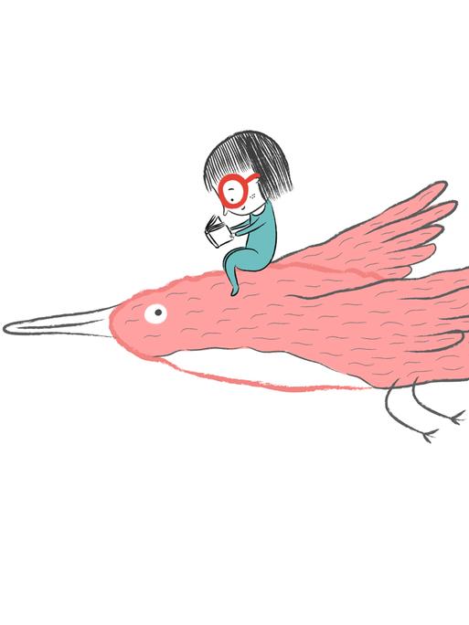 Illustration: Ein Kind sitzt auf einem fliegenden Vogel und liest ein Buch.