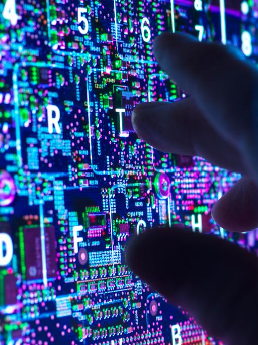 Eine dunkle Hand an einem Computerbildschirm 