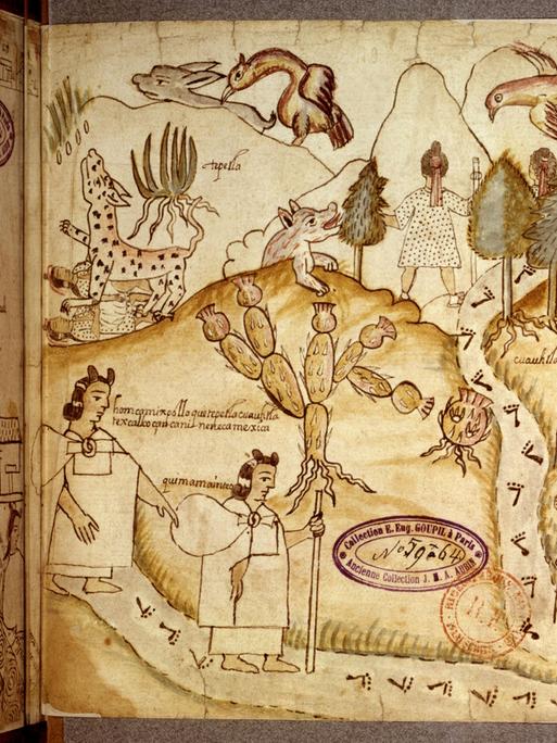 Azcatitlan-Kodex. f° 5: Die Azteken überqueren Berge, die mit einer Vegetation aus Nopals, Agaven, Binsen, Tannen und Palmen bewachsen sind und in denen Tequanimes (wilde Tiere) zu finden sind. Undatiert. Mexiko-Paris, Bibliothèque Nationale Azcatitlan-Kodex. f° 5: Die Azteken überqueren Berge, die mit einer Vegetation aus Nopals, Agaven, Binsen, Tannen und Palmen bewachsen sind und in denen Tequanimes (wilde Tiere) zu finden sind. Undatiert. Mexiko-Paris, Bibliothèque Nationale