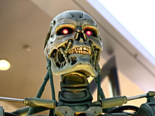 Schädel einer Terminator-Skulptur (T-800-Skelett) mit rotglühenden Augen Schädel einer Terminator-Skulptur (T-800-Skelett) mit rotglühenden Augen