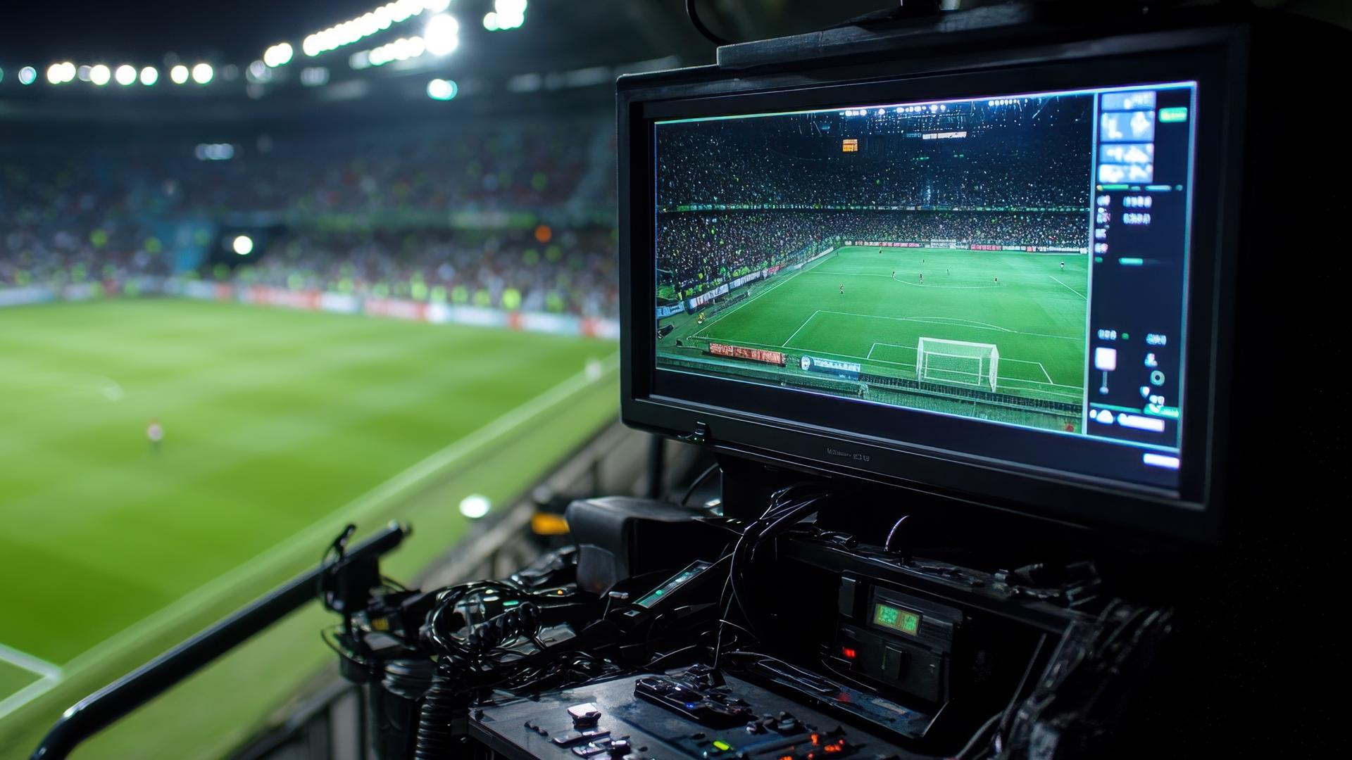 Broadcasting live football match from stadium control room, professional equipment showing game on monitor