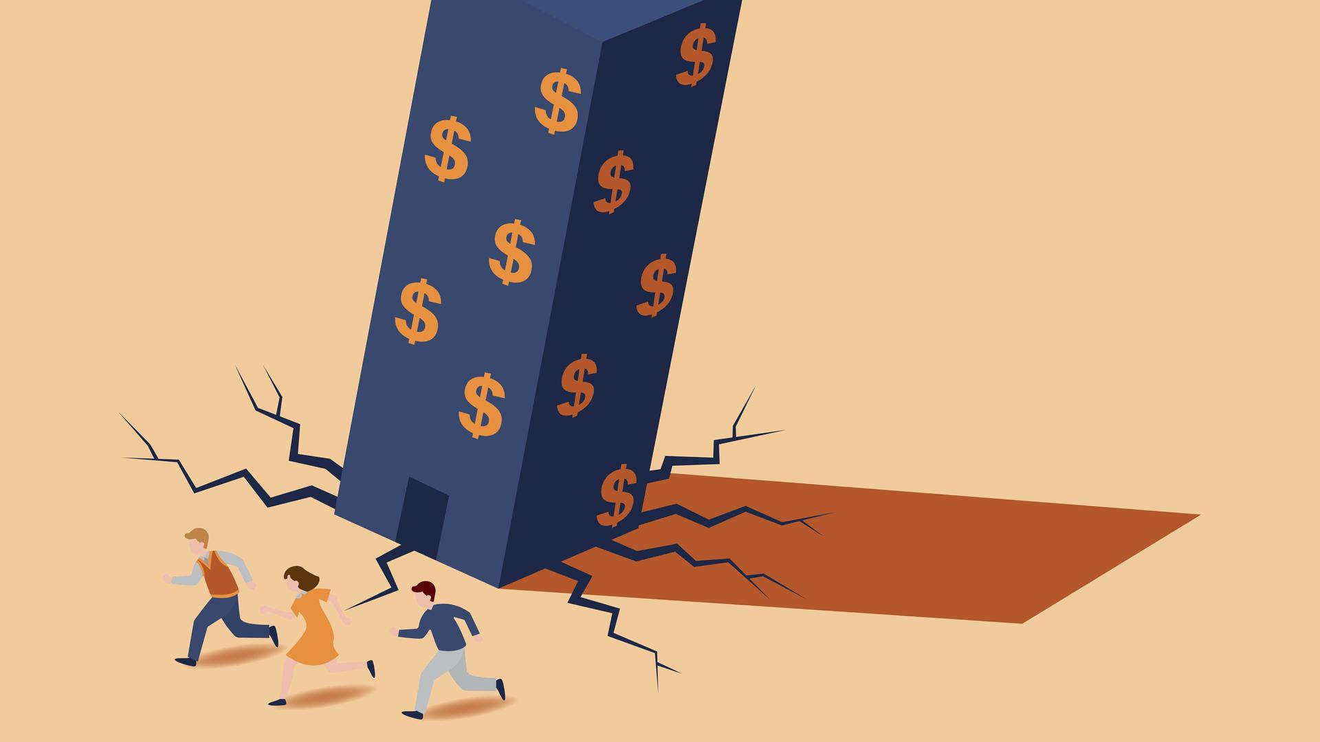 Eine Illustration: Ein hohes Gebäude mit mehreren Dollarschildern kippt und stürzt ein, darunter bricht der Boden auf, Menschen laufen in Panik davon. Eine Illustration: Ein hohes Gebäude mit mehreren Dollarschildern kippt und stürzt ein, darunter bricht der Boden auf, Menschen laufen in Panik davon.
