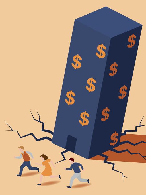 Eine Illustration: Ein hohes Gebäude mit mehreren Dollarschildern kippt und stürzt ein, darunter bricht der Boden auf, Menschen laufen in Panik davon. Eine Illustration: Ein hohes Gebäude mit mehreren Dollarschildern kippt und stürzt ein, darunter bricht der Boden auf, Menschen laufen in Panik davon.