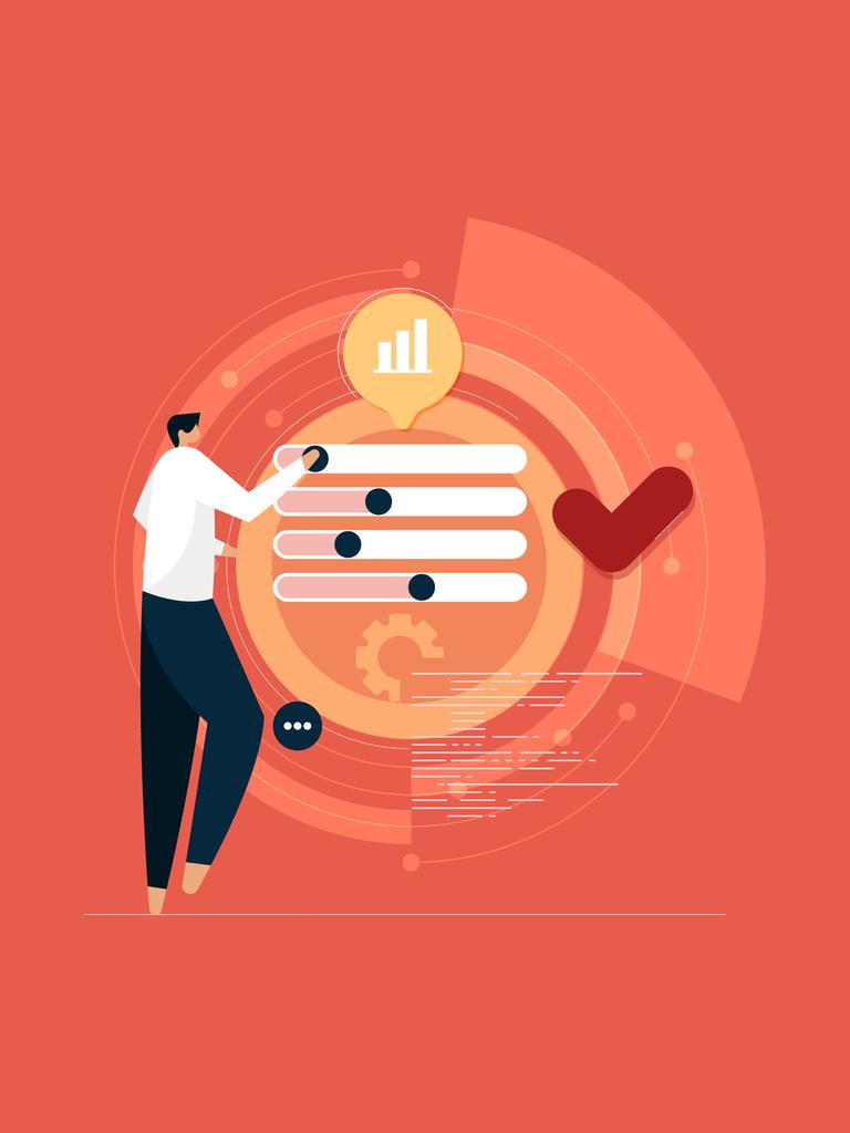 Eine Illustration vor rot-orangenem Hintergrund auf der eine Person mit verschiedenenn Computeroberflächen agiert.