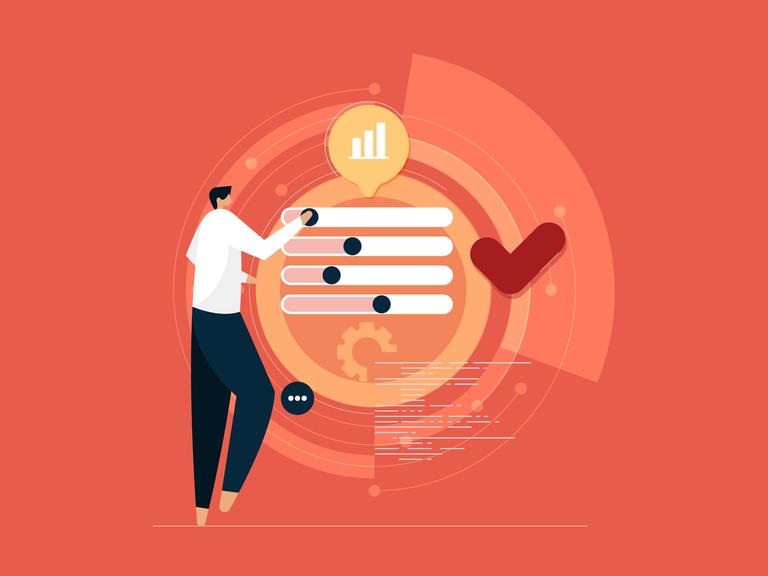 Eine Illustration vor rot-orangenem Hintergrund auf der eine Person mit verschiedenenn Computeroberflächen agiert.