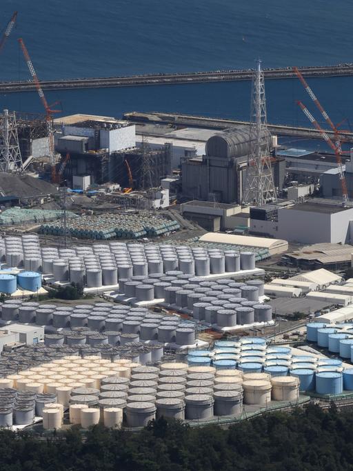 Eine Luftaufnahme zeigt Wassertanks am Atomkraftwerk Fukushima 1.