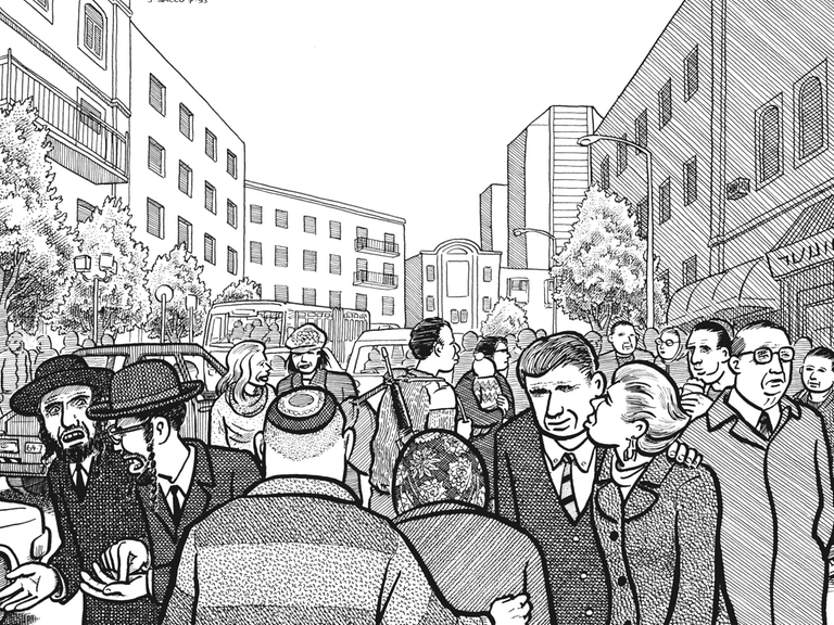 Eine Seite mit einer Schwarz-Weiß-Zeichnung aus dem Comic "Palästina" von Joe Sacco zeigt eine Straßenszene mit Menschen verschiedener kultureller Identität in Jerusalem.