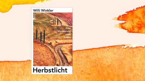 Cover des Buches "Herbstlicht" von Willi Winkler. Wir schauen von oben auf einen Feldweg. Die umstehenden Felder leuchten in Herbstfarben. Ebenfalls im Bild sind hohe Bäume wie Zypressen zu sehen, sie lassen an Italien denken. 