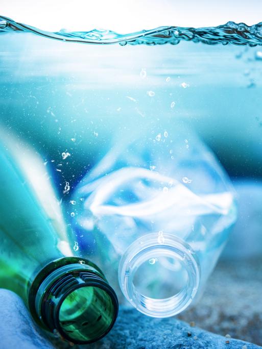 Verschiedene Plastikflaschen treiben im Wasser.