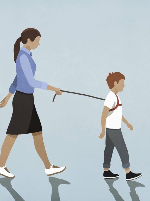 Eine Illustration zeigt eine Frau, die einen Jungen an einem Geschirr an der Leine führt.