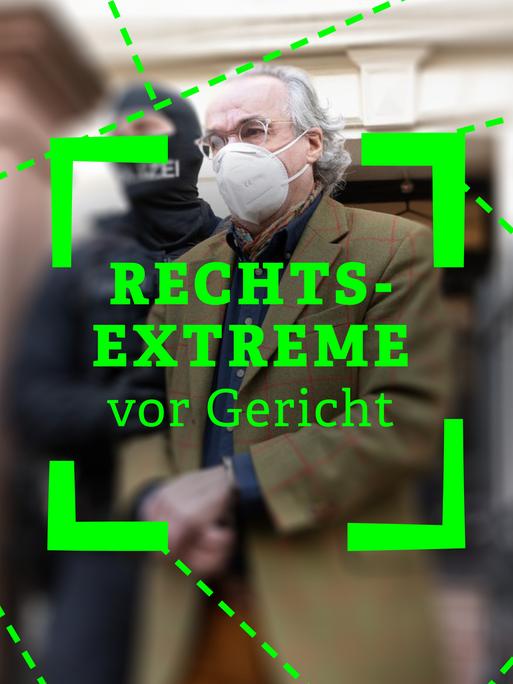 Das Foto eines Gerichtssaals, in den ein Angeklagter geführt wird, darüber der Schriftzug "Rechtsextreme vor Gericht"