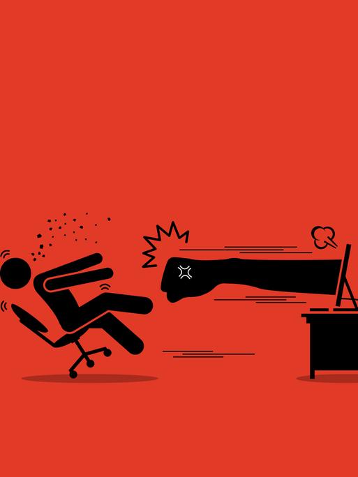 Illustration: Schwarzes Strichmännchen auf rotem Hintergrund, das von einem wütenden Hasser mit der Faust geschlagen wird, die aus einem Computerbildschirm herausfliegt.