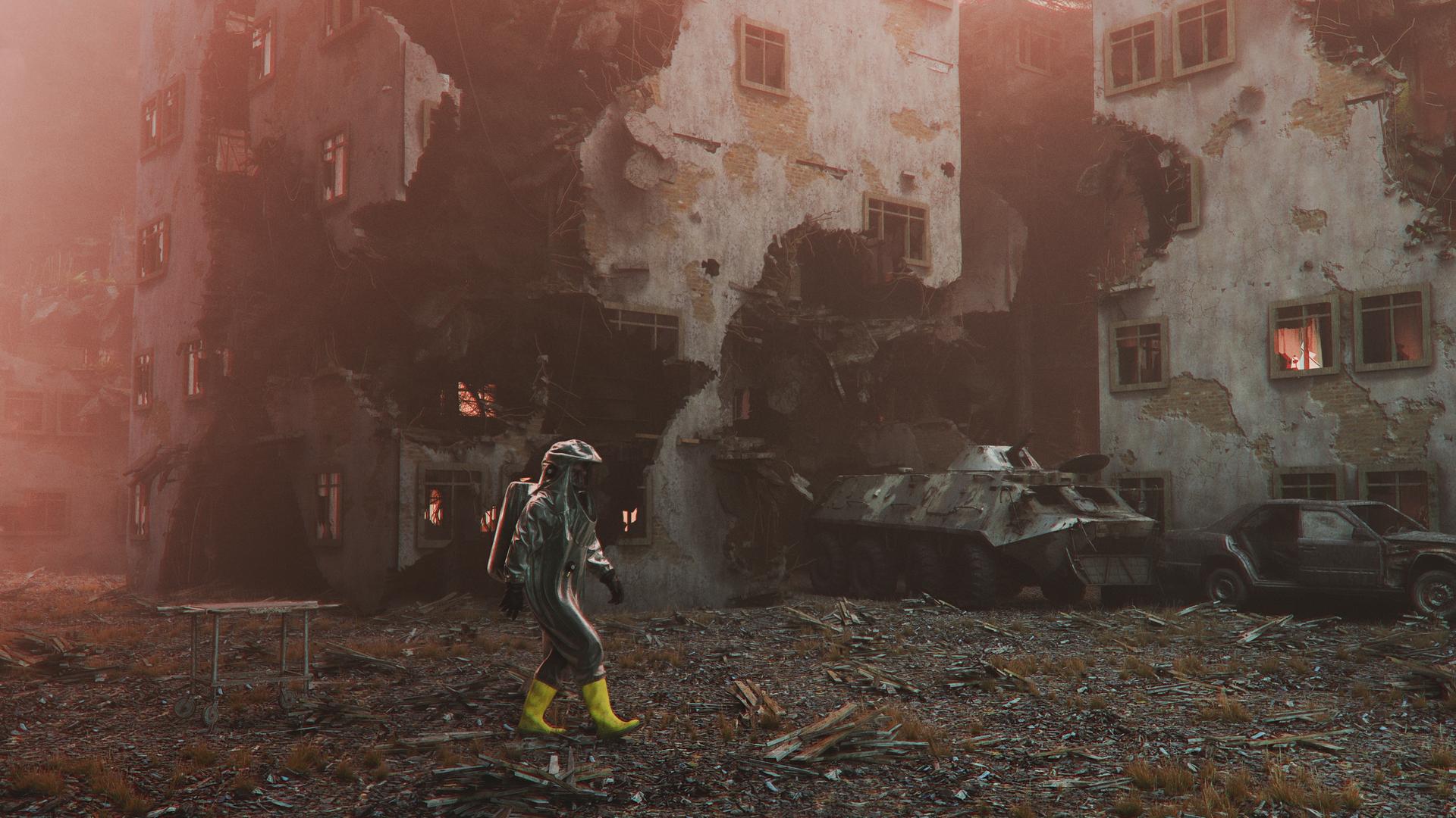 Ein Computer generiertes Bild einer Person in einem Schutzanzug, die durch eine zerstörte Stadt geht. Ein Computer generiertes Bild einer Person in einem Schutzanzug, die durch eine zerstörte Stadt geht.