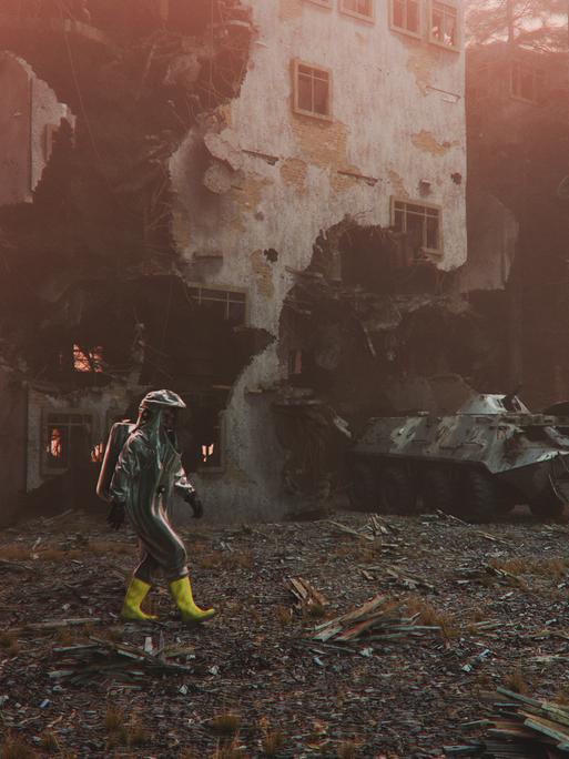 Ein Computer generiertes Bild einer Person in einem Schutzanzug, die durch eine zerstörte Stadt geht. Ein Computer generiertes Bild einer Person in einem Schutzanzug, die durch eine zerstörte Stadt geht.