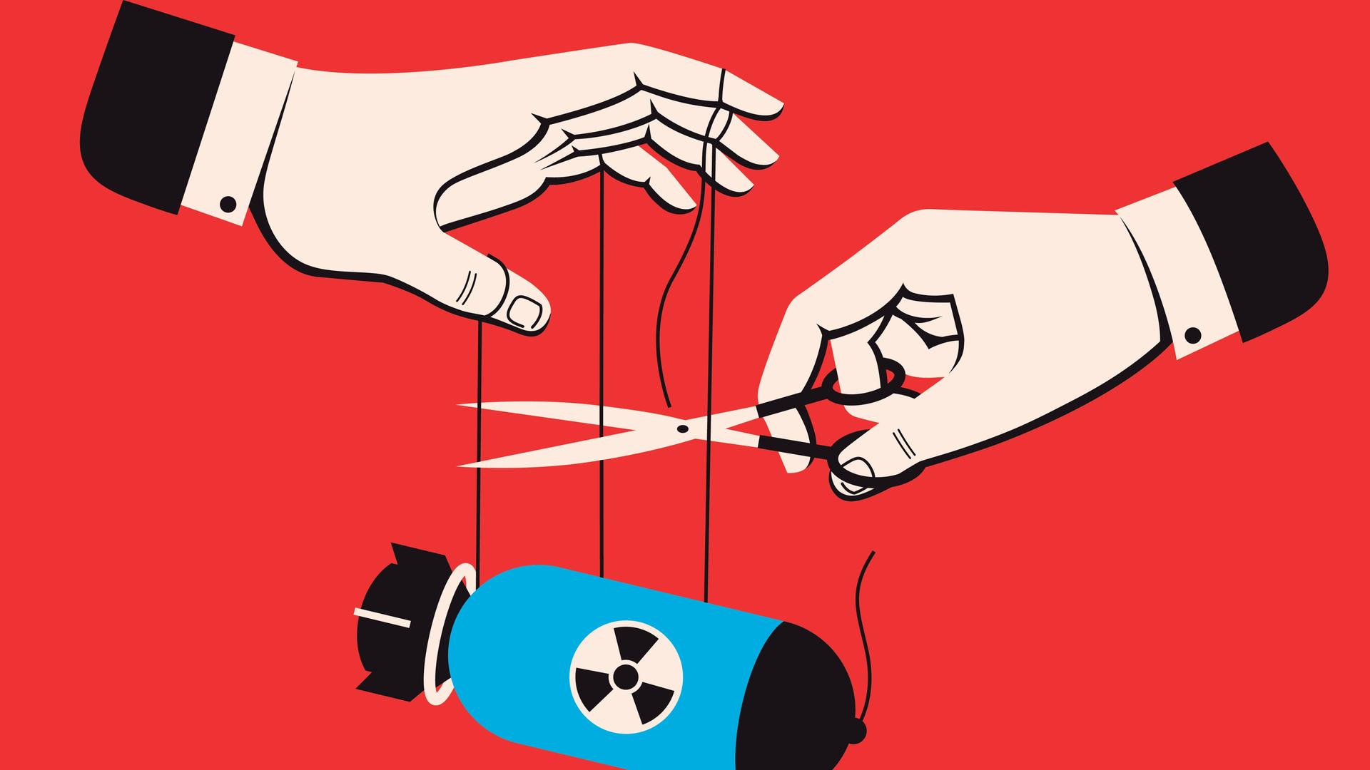 Illustration zweier Hände - eine hält eine Atombombe an vier feinen Fäden, die andere beginnt mit einer Schere, die Fäden durchzuschneiden. Illustration zweier Hände - eine hält eine Atombombe an vier feinen Fäden, die andere beginnt mit einer Schere, die Fäden durchzuschneiden.
