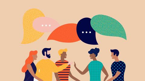 Illustration zeigt eine bunte Gruppe von Menschen über deren Köpfen Sprechblasen skizziert sind.   
