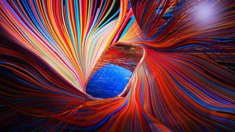 Ein Smartphone ist von abstrakten mehrfarbigen gewundenen Kurven umgeben.