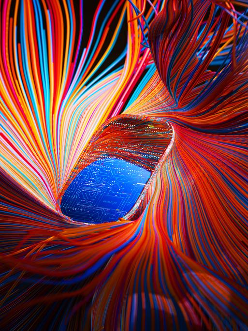 Ein Smartphone ist von abstrakten mehrfarbigen gewundenen Kurven umgeben.