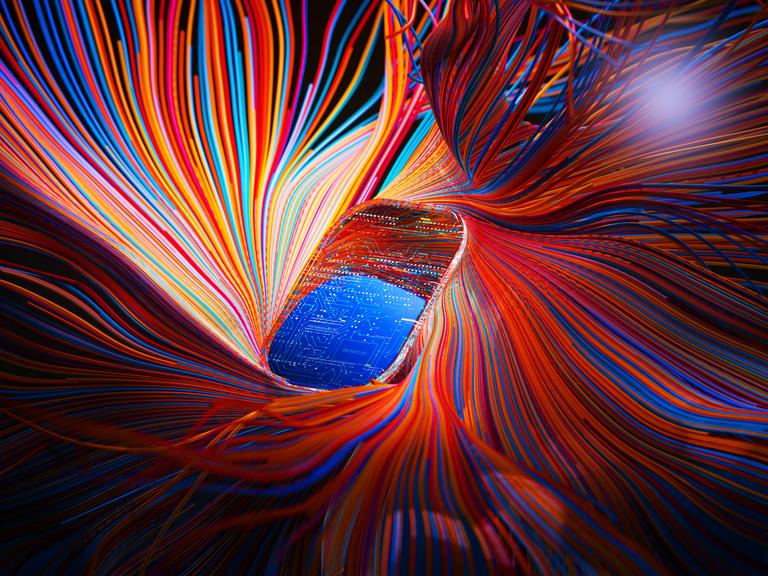 Ein Smartphone ist von abstrakten mehrfarbigen gewundenen Kurven umgeben.