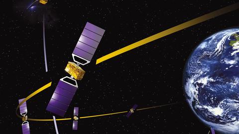 Das Bild zeigt den Satelliten Galileo im Weltraum und die Erdkugel