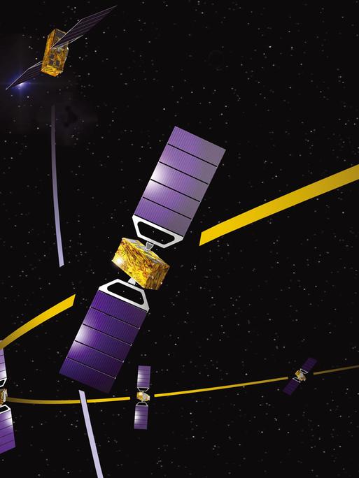 Das Bild zeigt den Satelliten Galileo im Weltraum und die Erdkugel