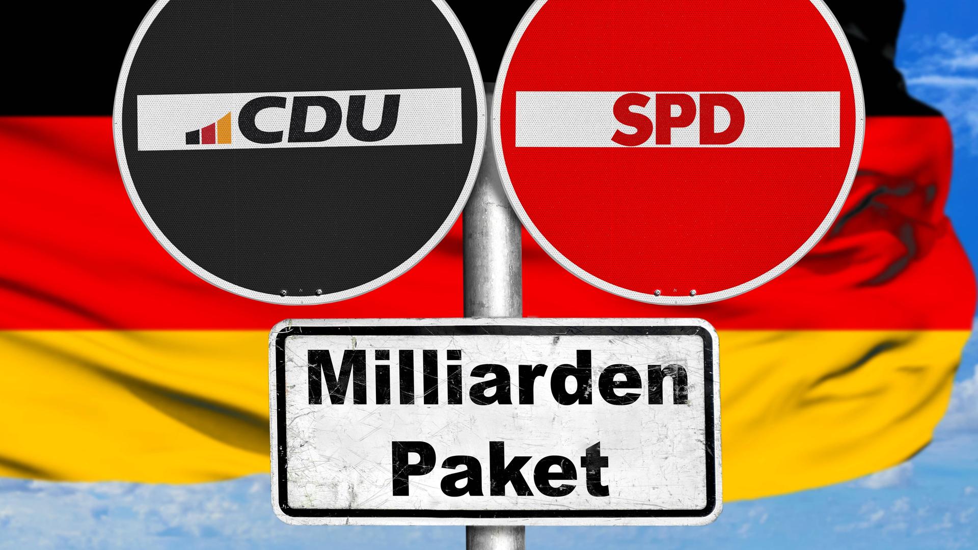 Auf der Collage abgebildet: Auf Verkehrsschildern sind die Logos von CDU und SPD zu sehen. Auf einem weiteren Schild steht "Milliardenpaket". Im Hintergrund ist eine Deutschland-Flagge abgebildet.