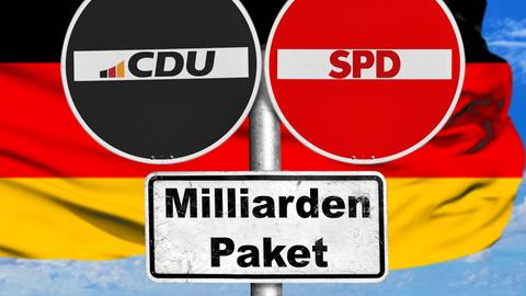 Auf der Collage abgebildet: Auf Verkehrsschildern sind die Logos von CDU und SPD zu sehen. Auf einem weiteren Schild steht "Milliardenpaket". Im Hintergrund ist eine Deutschland-Flagge abgebildet.