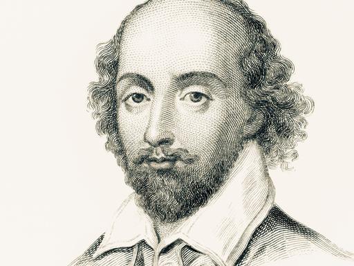 William Shakespeare in einem gezeichneten Schwarz-weiß-Porträt mit Halbglatze, Bart und lockigem Haar an den Seiten