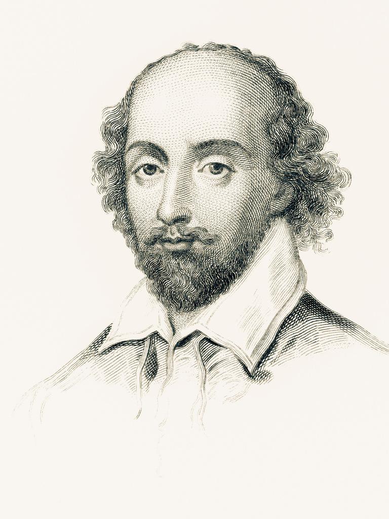 William Shakespeare in einem gezeichneten Schwarz-weiß-Porträt mit Halbglatze, Bart und lockigem Haar an den Seiten