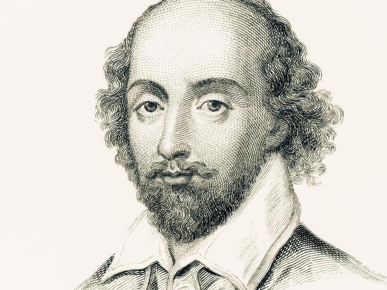 William Shakespeare in einem gezeichneten Schwarz-weiß-Porträt mit Halbglatze, Bart und lockigem Haar an den Seiten