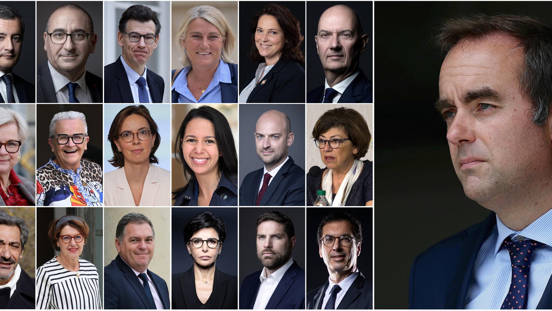 Eine Bildkombo, rechts in groß Lecornu, links daneben drei Reihen mit den Porträts der neuen Mininsterinnen und Minister.