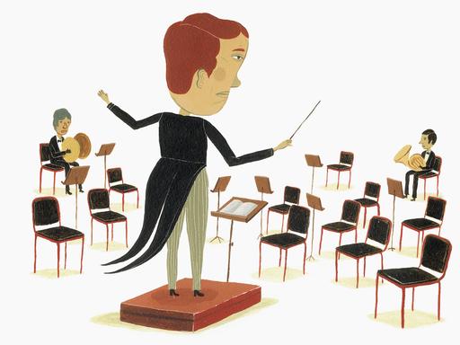 Illustration: Dirigent schaut auf fast leere Orchesterplätze.