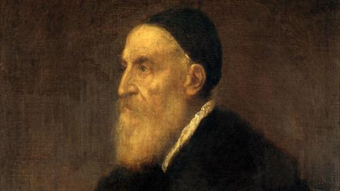 Auf dem Ölgemälde ist der Maler Tizian mit langem Vollbart im Profil zu sehen
