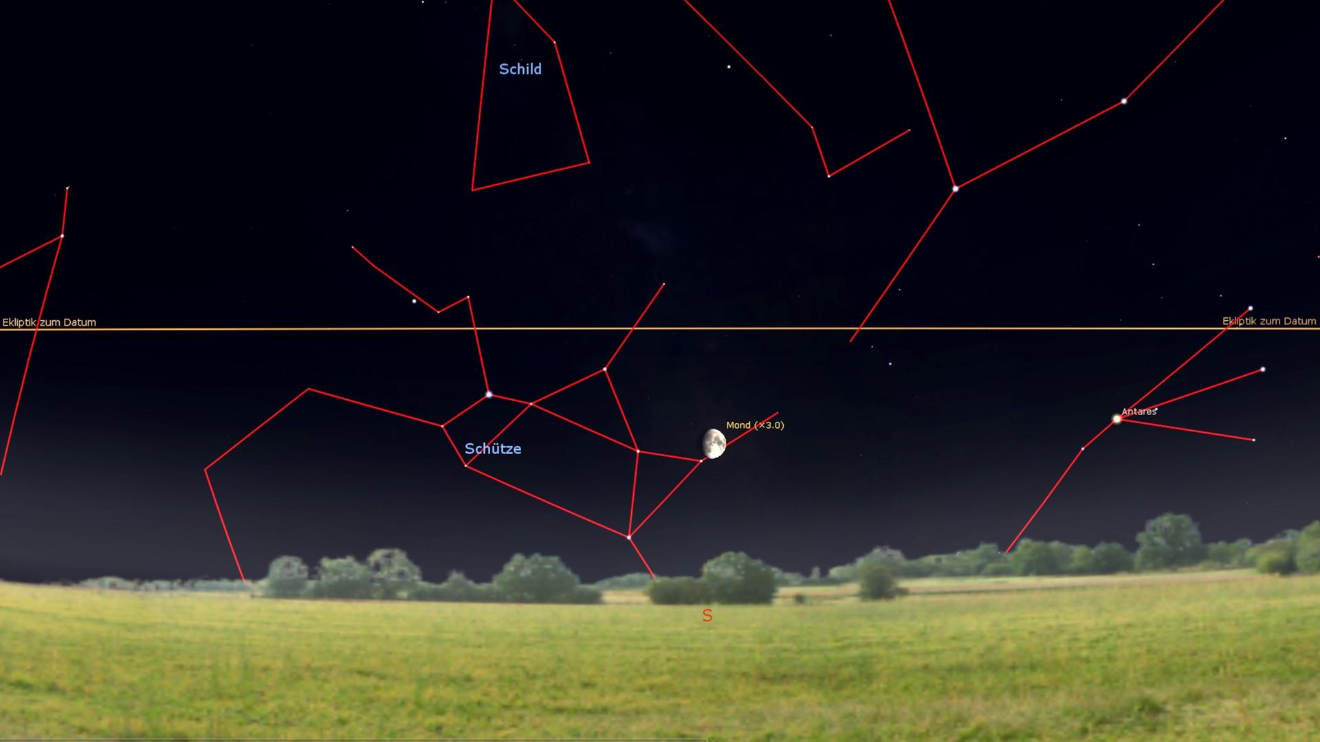 Eine schematische Darstellung des Himmels zeigt den Mond sehr tief über dem Horizont des Sternbilds Schützen.