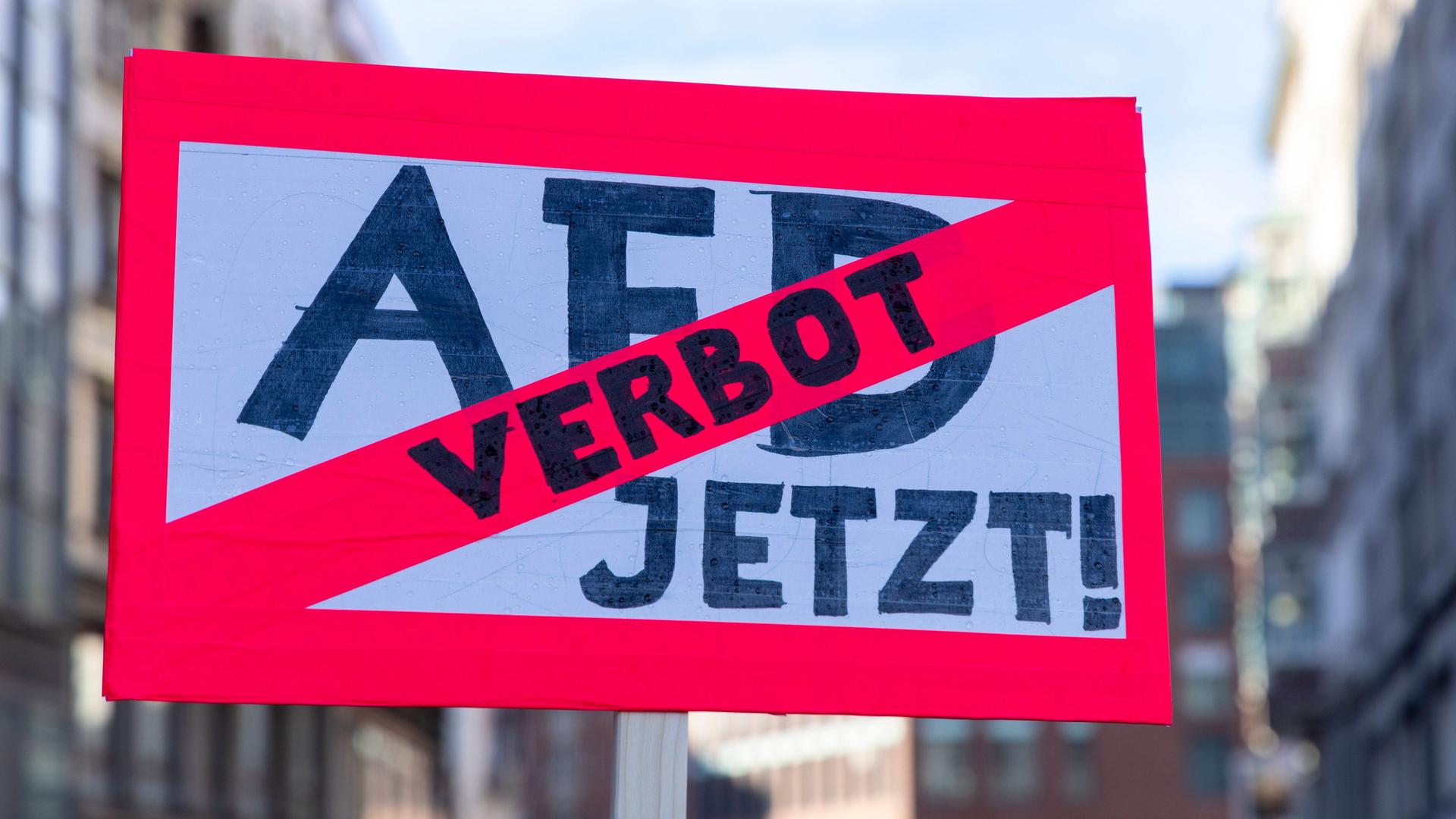 Rotgerahmtes Demonstrationsschild mit der Aufschrift "AfD-Verbot jetzt" bei der 3. Großdemonstration gegen die AFD und Rechtsextremismus in Hamburg am 25.02.2024.