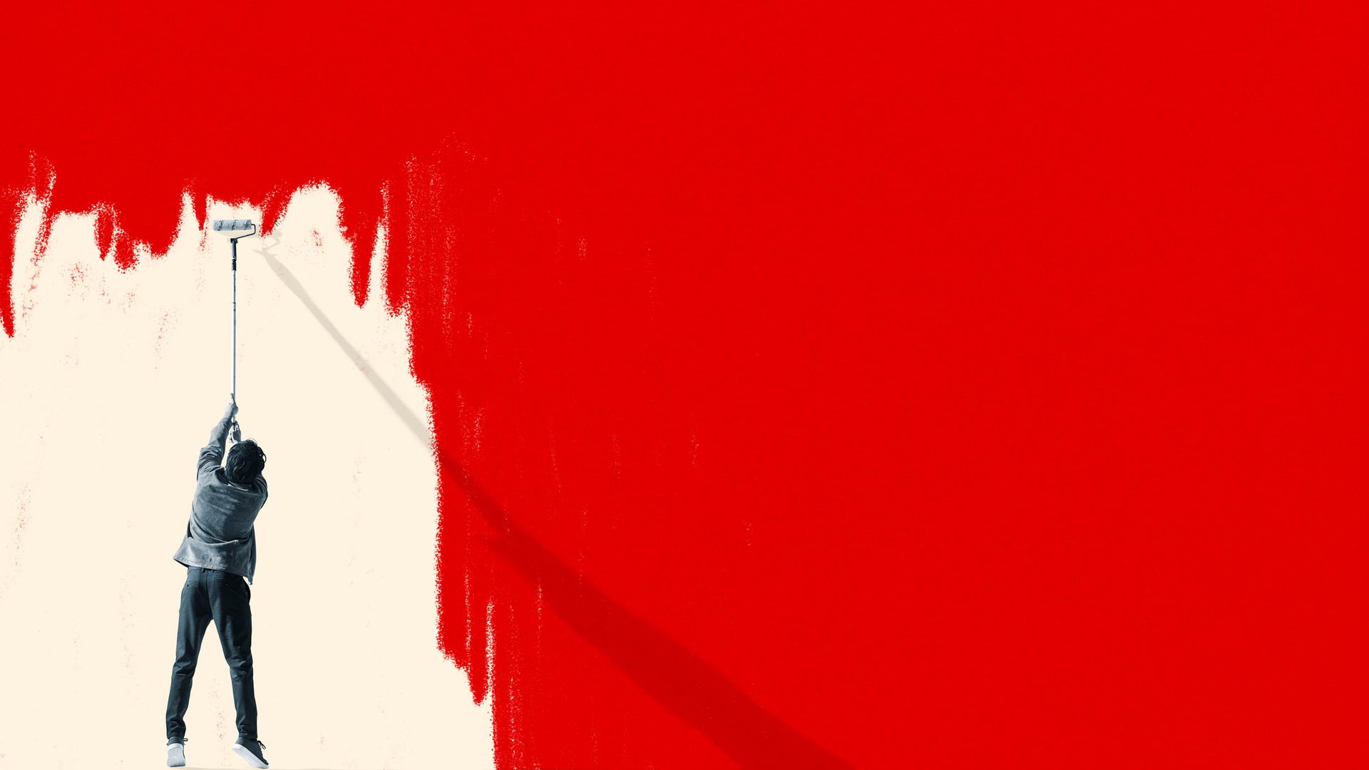 Illustration eines Mannes, der eine rote Wand weiß überstreicht.