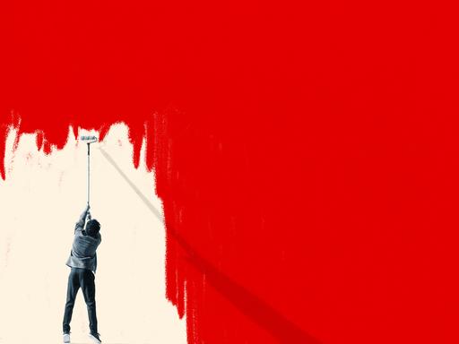 Illustration eines Mannes, der eine rote Wand weiß überstreicht. Illustration eines Mannes, der eine rote Wand weiß überstreicht.