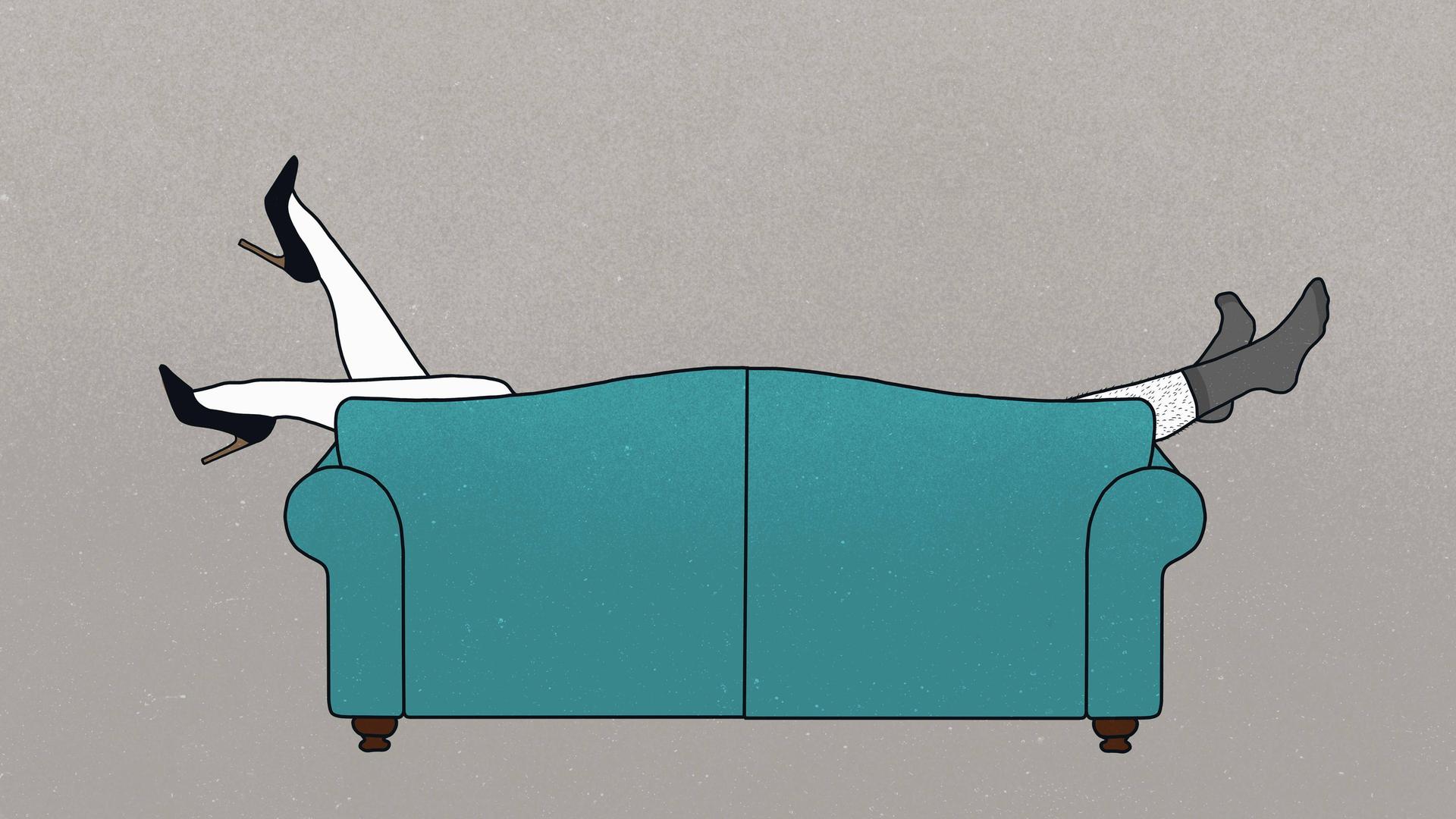 Illustration der Rückseite eines Sofas. Auf der einen Seite ragen die Beine einer Frau mit Stöckelschuhen hervor, auf der anderen Seite die Beine eines Mannes in Socken. Illustration der Rückseite eines Sofas. Auf der einen Seite ragen die Beine einer Frau mit Stöckelschuhen hervor, auf der anderen Seite die Beine eines Mannes in Socken.