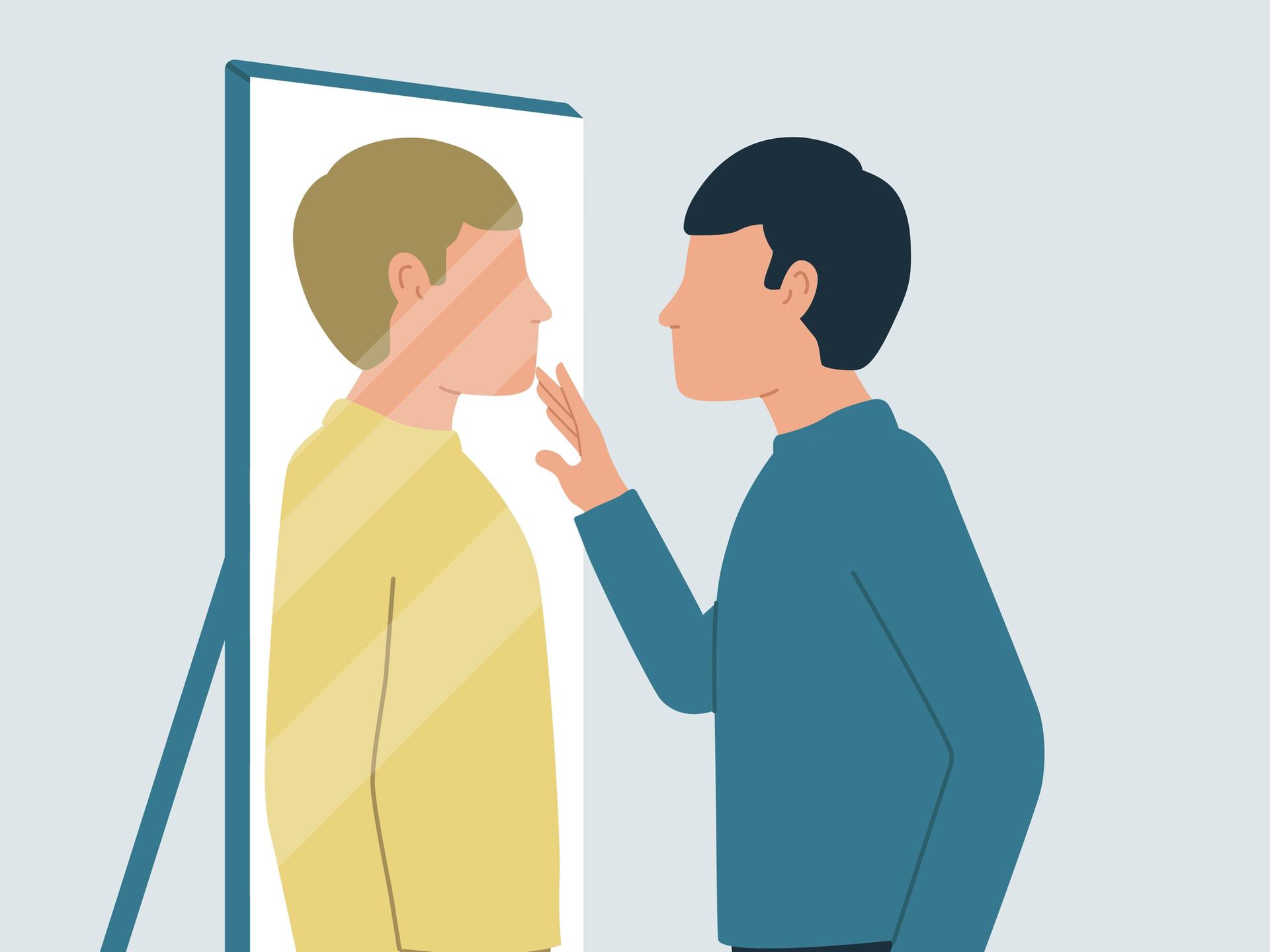 Illustration eines Mannes, der in den Spiegel schaut und sein Gegenüber offenbar nicht erkennt.