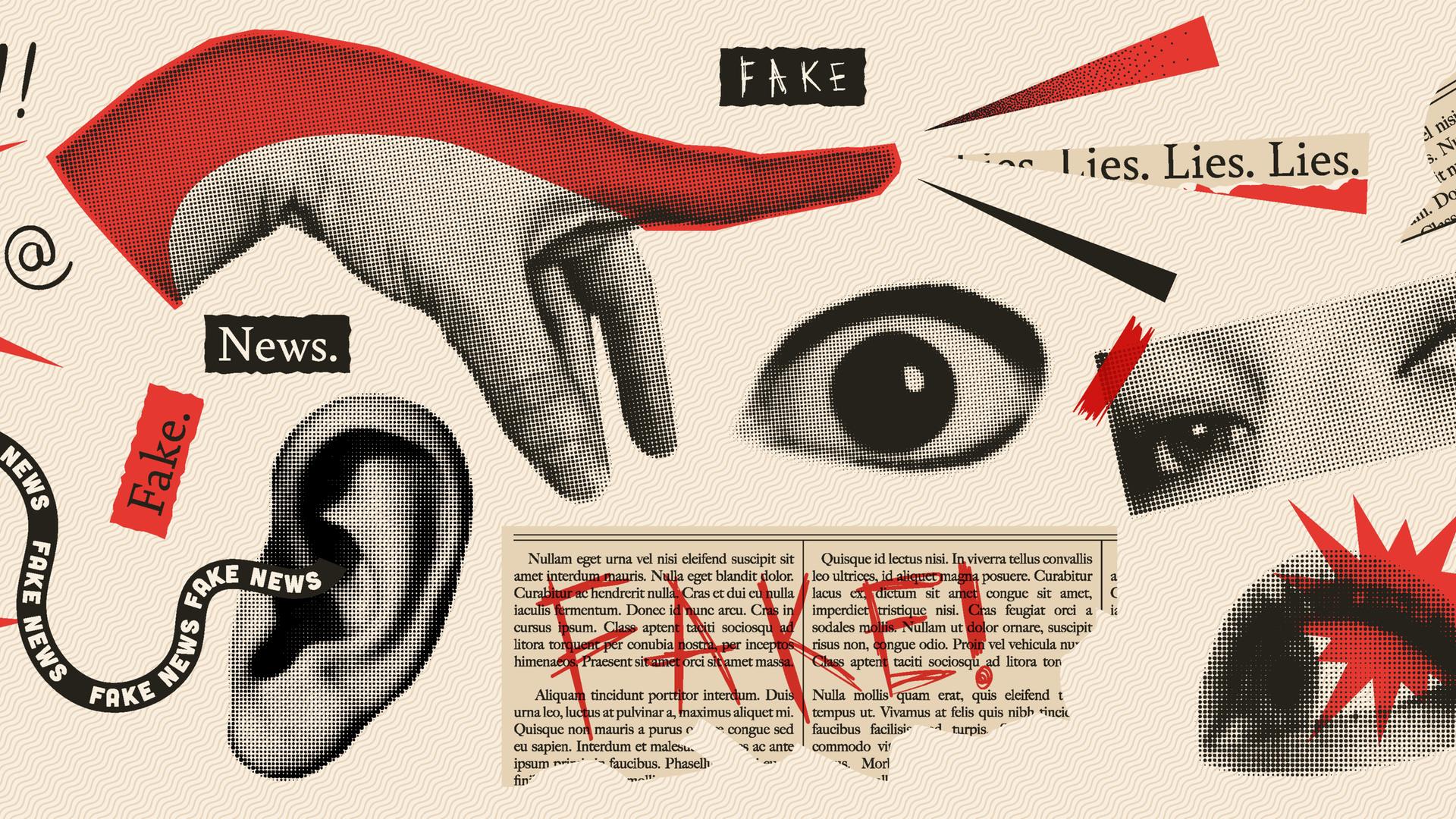 Eine Collage, die sich aus unterschiedlichen Ausschnitten und Symbolen zum Thema Fake News zusammensetzt.