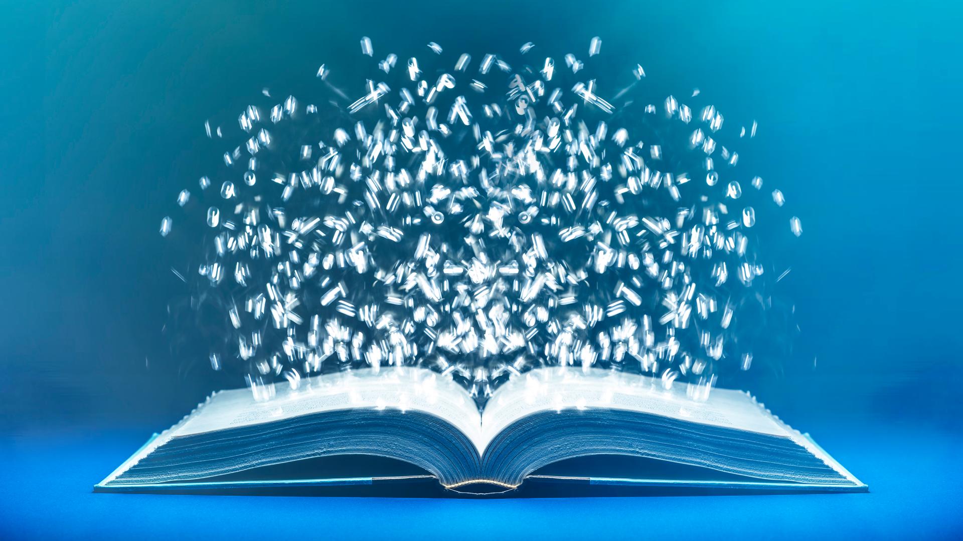 3D-Grafik eines aufgeschlagenen Buches, über dessen Seiten Buchstaben schweben. 3D-Grafik eines aufgeschlagenen Buches, über dessen Seiten Buchstaben schweben.