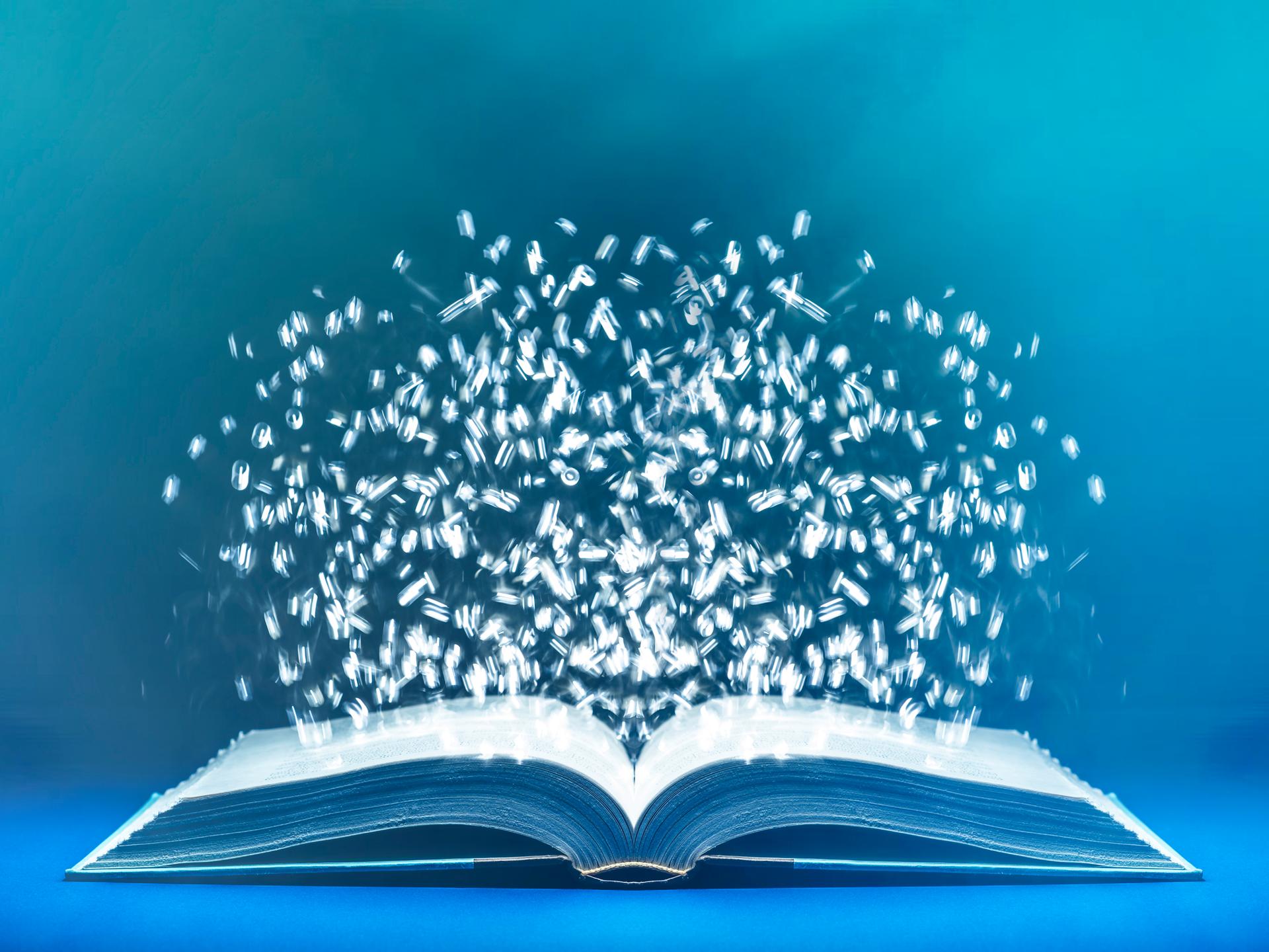 3D-Grafik eines aufgeschlagenen Buches, über dessen Seiten Buchstaben schweben.