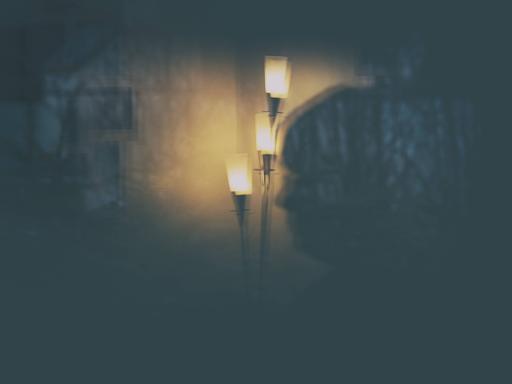 Die Illustration zeigt eine Stehlampe und eine Frau als Spiegelung in einer Glastür nachts